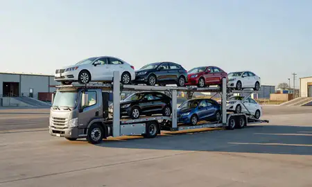 Car transporter loaded with vehicles in Duncan, Oklahoma, United States