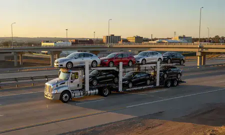 Car transporter with the Duncan, Oklahoma, United States skyline behind it