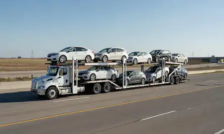 Multi-level car carrier on the highway to Durant, Oklahoma, United States