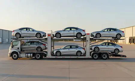 Car transporter parked in an industrial area of Durant, Oklahoma, United States
