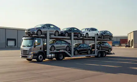 Car transporter loaded with vehicles in Durant, Oklahoma, United States