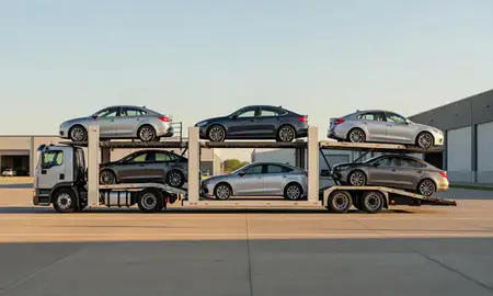 Car transporter parked in an industrial area of Edmond, Oklahoma, United States