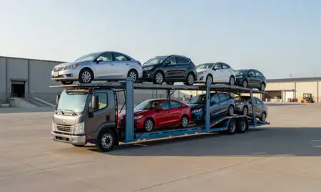 Car transporter loaded with vehicles in Edmond, Oklahoma, United States