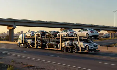 Car transporter with the Edmond, Oklahoma, United States skyline behind it