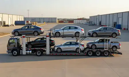 Car transporter parked in an industrial area of El Reno, Oklahoma, United States