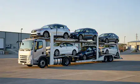 Car transporter loaded with vehicles in El Reno, Oklahoma, United States