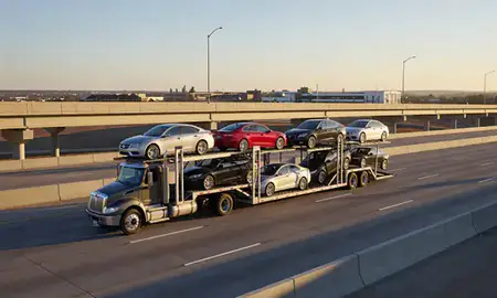 Car transporter with the El Reno, Oklahoma, United States skyline behind it
