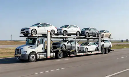 Multi-level car carrier on the highway to Enid, Oklahoma, United States