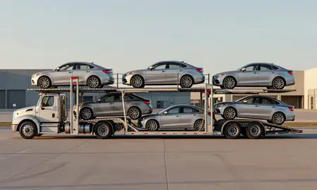 Car transporter parked in an industrial area of Enid, Oklahoma, United States