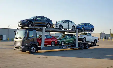 Car transporter loaded with vehicles in Enid, Oklahoma, United States