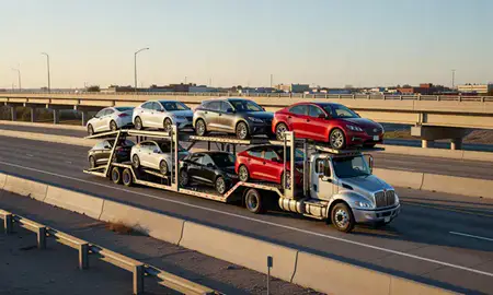 Car transporter with the Enid, Oklahoma, United States skyline behind it