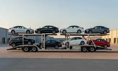 Car transporter parked in an industrial area of Jenks, Oklahoma, United States