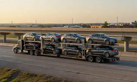 Car transporter with the Jenks, Oklahoma, United States skyline behind it