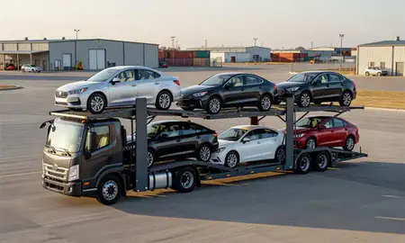 Car transporter loaded with vehicles in Lawton, Oklahoma, United States