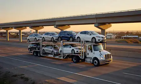 Car transporter with the Lawton, Oklahoma, United States skyline behind it