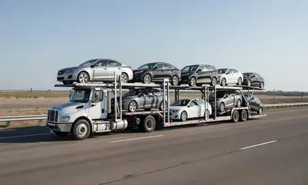 Multi-level car carrier on the highway to McAlester, Oklahoma, United States