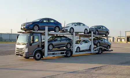 Car transporter loaded with vehicles in McAlester, Oklahoma, United States
