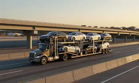 Car transporter with the McAlester, Oklahoma, United States skyline behind it