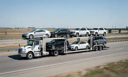 Multi-level car carrier on the highway to Midwest City, Oklahoma, United States