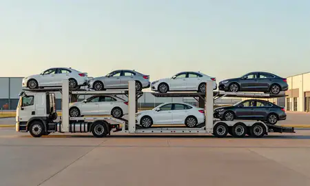Car transporter parked in an industrial area of Midwest City, Oklahoma, United States