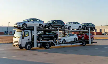 Car transporter loaded with vehicles in Midwest City, Oklahoma, United States
