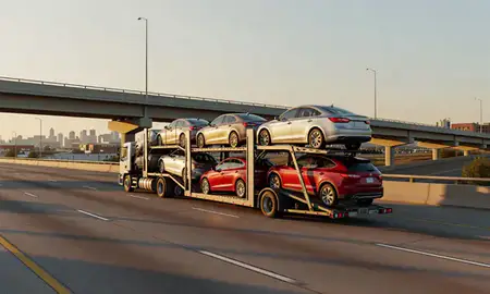Car transporter with the Midwest City, Oklahoma, United States skyline behind it