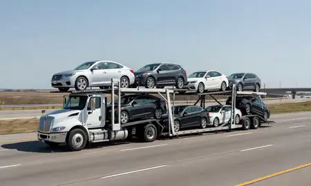 Multi-level car carrier on the highway to Moore, Oklahoma, United States