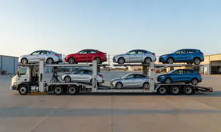 Car transporter parked in an industrial area of Moore, Oklahoma, United States