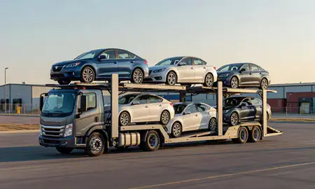 Car transporter loaded with vehicles in Moore, Oklahoma, United States