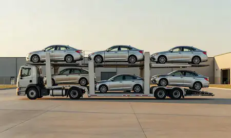 Car transporter parked in an industrial area of Muskogee, Oklahoma, United States