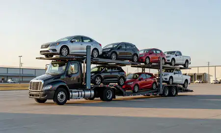 Car transporter loaded with vehicles in Muskogee, Oklahoma, United States