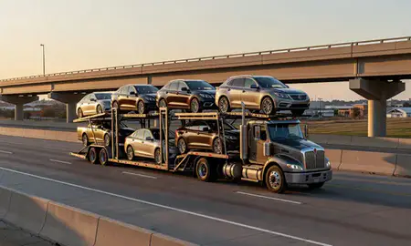 Car transporter with the Muskogee, Oklahoma, United States skyline behind it