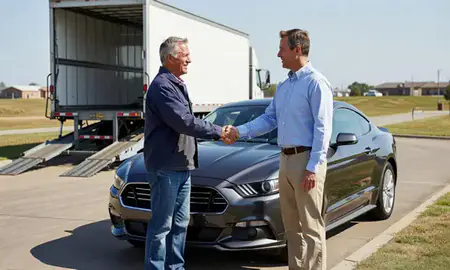 Vehicle owner beside their delivered car in Mustang, Oklahoma, United States