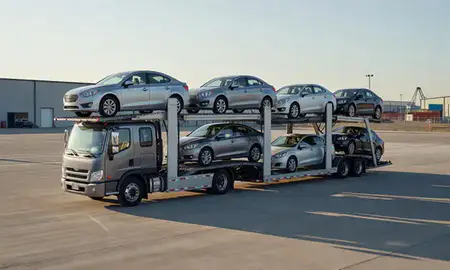 Car transporter loaded with vehicles in Mustang, Oklahoma, United States