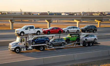 Car transporter with the Mustang, Oklahoma, United States skyline behind it