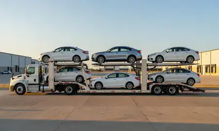 Car transporter parked in an industrial area of Norman, Oklahoma, United States