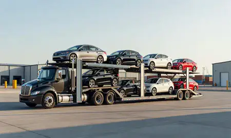 Car transporter loaded with vehicles in Norman, Oklahoma, United States