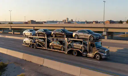 Car transporter with the Norman, Oklahoma, United States skyline behind it