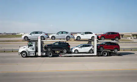 Multi-level car carrier on the highway to Oklahoma City, Oklahoma, United States