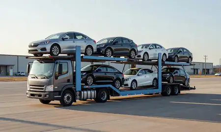 Car transporter loaded with vehicles in Oklahoma City, Oklahoma, United States