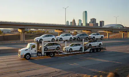 Car transporter with the Oklahoma City, Oklahoma, United States skyline behind it