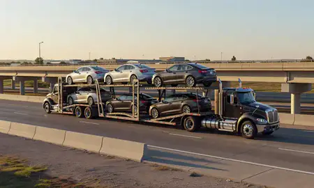 Car transporter with the Owasso, Oklahoma, United States skyline behind it