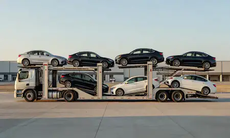 Car transporter parked in an industrial area of Ponca City, Oklahoma, United States