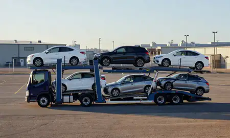 Car transporter loaded with vehicles in Ponca City, Oklahoma, United States
