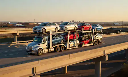 Car transporter with the Ponca City, Oklahoma, United States skyline behind it