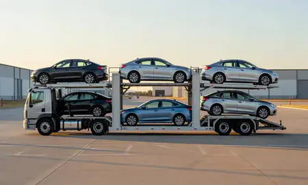 Car transporter parked in an industrial area of Sand Springs, Oklahoma, United States