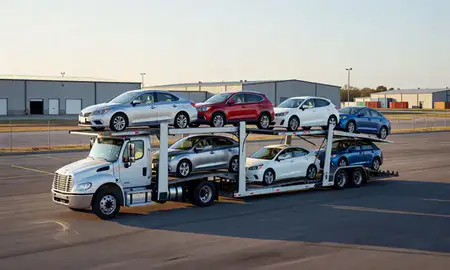 Car transporter loaded with vehicles in Sand Springs, Oklahoma, United States