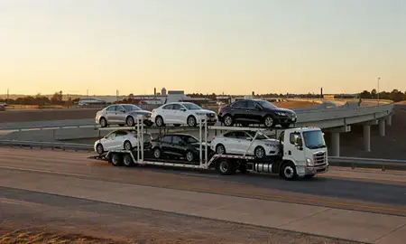 Car transporter with the Sand Springs, Oklahoma, United States skyline behind it