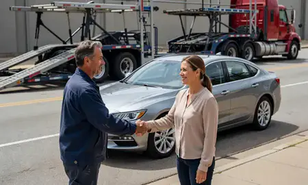 Vehicle owner beside their delivered car in Sapulpa, Oklahoma, United States