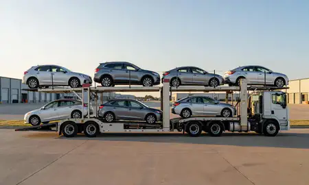 Car transporter parked in an industrial area of Sapulpa, Oklahoma, United States